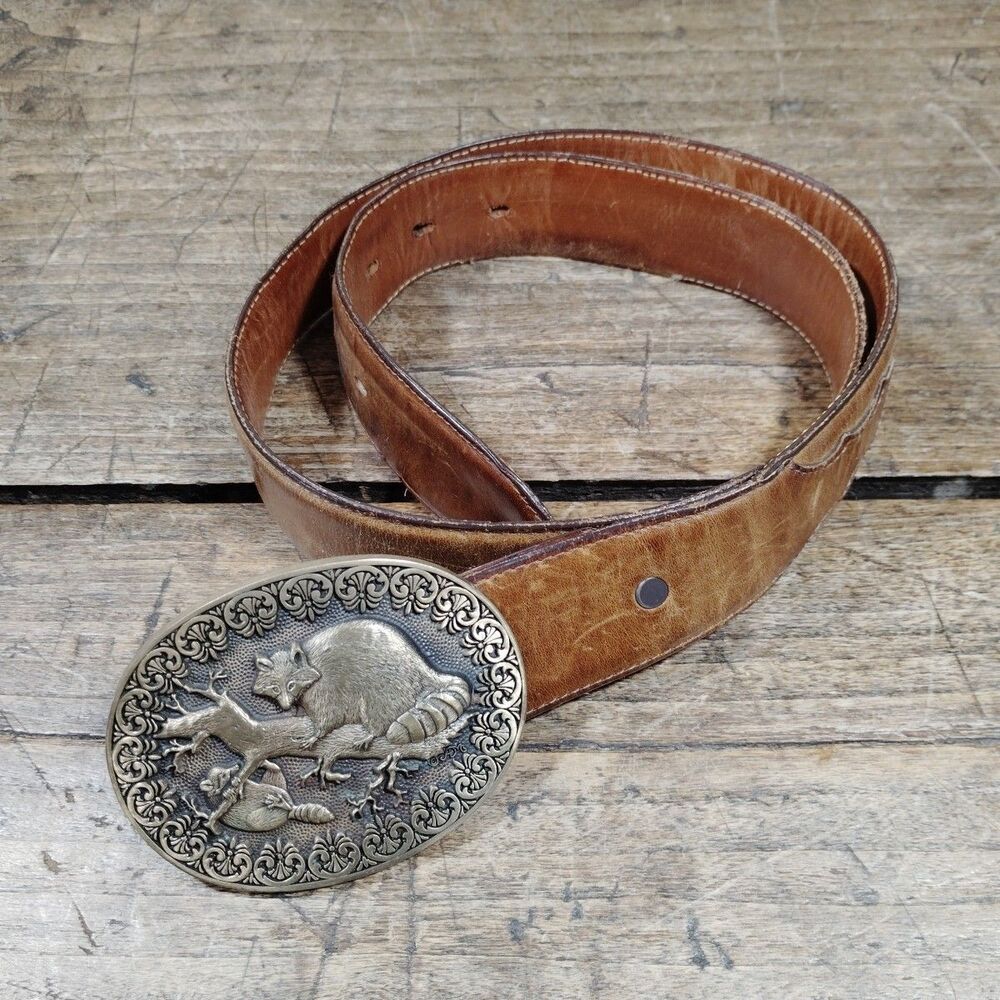 Justin Belt 34 x 43 Brown Solid Brass Buckle Racoon Tree Embossed Vintage USA